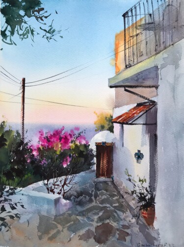 Malarstwo zatytułowany „Greek village Sunri…” autorstwa Eugenia Gorbacheva, Oryginalna praca, Akwarela