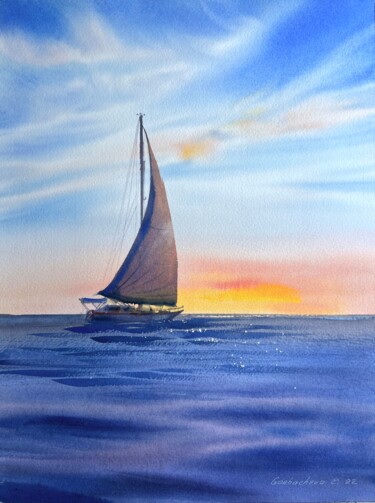 Картина под названием "Yacht in the sea at…" - Eugenia Gorbacheva, Подлинное произведение искусства, Акварель