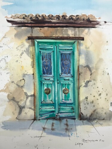 Картина под названием "Greek village Door" - Eugenia Gorbacheva, Подлинное произведение искусства, Акварель