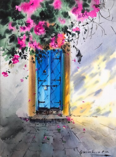 Painting titled "Greek village Door…" by Eugenia Gorbacheva, Original Artwork, Watercolor