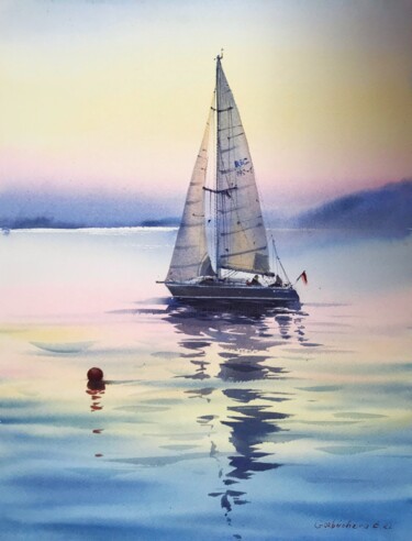 Malerei mit dem Titel "Yacht in the sea at…" von Eugenia Gorbacheva, Original-Kunstwerk, Aquarell