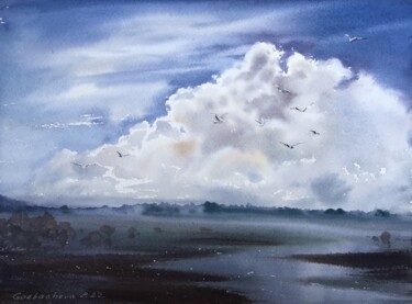 Painting titled "Сloud over the river" by Eugenia Gorbacheva, Original Artwork, Watercolor