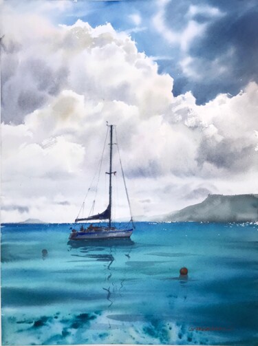 Painting titled "Yacht in the sea #3" by Eugenia Gorbacheva, Original Artwork, Watercolor