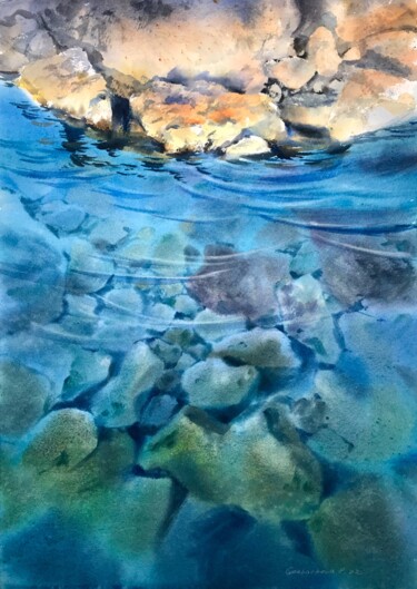 Painting titled "Stones and sea" by Eugenia Gorbacheva, Original Artwork, Watercolor