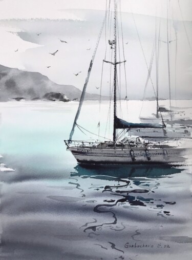 Painting titled "Yachts at anchor #11" by Eugenia Gorbacheva, Original Artwork, Watercolor