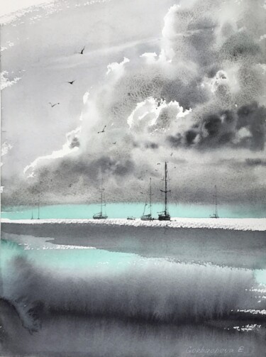 Painting titled "Yachts at sea #11" by Eugenia Gorbacheva, Original Artwork, Watercolor