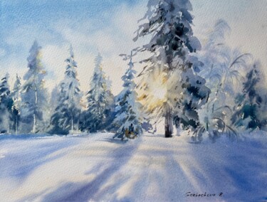 Schilderij getiteld "Winter forest in th…" door Eugenia Gorbacheva, Origineel Kunstwerk, Aquarel