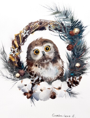 Painting titled "Owl and Christmas w…" by Eugenia Gorbacheva, Original Artwork, Watercolor