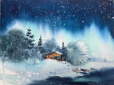 Painting titled "Lonely house at nig…" by Eugenia Gorbacheva, Original Artwork, Watercolor