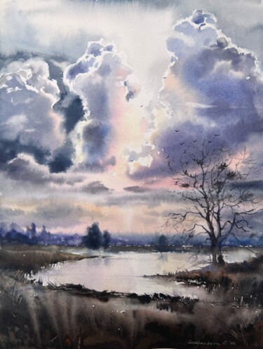 Painting titled "River and clouds #2" by Eugenia Gorbacheva, Original Artwork, Watercolor