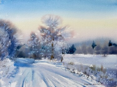 Painting titled "Winter road" by Eugenia Gorbacheva, Original Artwork, Watercolor