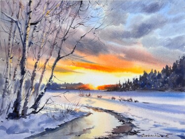 Peinture intitulée "Winter Sunset" par Eugenia Gorbacheva, Œuvre d'art originale, Aquarelle