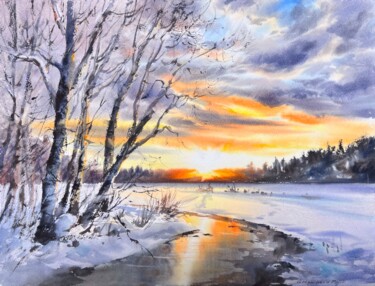 Картина под названием "Winter Sunset #2" - Eugenia Gorbacheva, Подлинное произведение искусства, Акварель