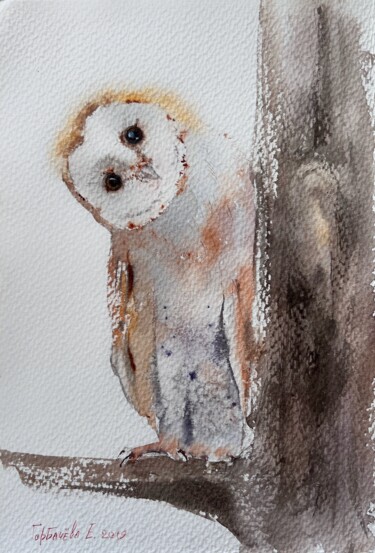 Painting titled "Owl on a tree" by Eugenia Gorbacheva, Original Artwork, Watercolor