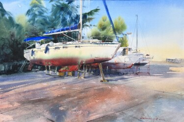Malerei mit dem Titel "Yachts are resting" von Eugenia Gorbacheva, Original-Kunstwerk, Aquarell