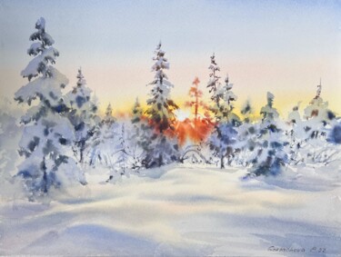 Картина под названием "Winter Forest Sunset" - Eugenia Gorbacheva, Подлинное произведение искусства, Акварель