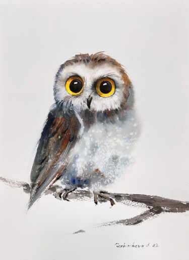 Painting titled "Little owl on a bra…" by Eugenia Gorbacheva, Original Artwork, Watercolor