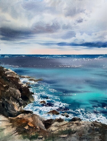 Painting titled "Sea ​​and stones" by Eugenia Gorbacheva, Original Artwork, Watercolor