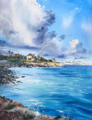 Painting titled "Sea coast of Cyprus…" by Eugenia Gorbacheva, Original Artwork, Watercolor