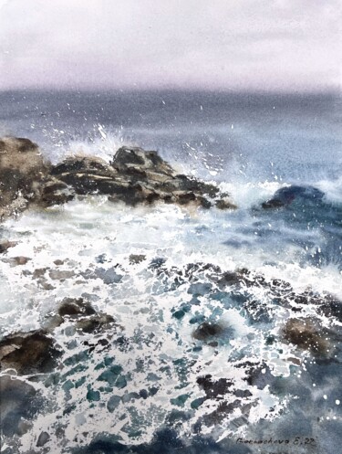 Painting titled "Waves and rocks #12" by Eugenia Gorbacheva, Original Artwork, Watercolor