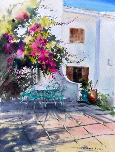 Painting titled "Northern Cyprus Cafe" by Eugenia Gorbacheva, Original Artwork, Watercolor