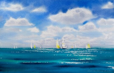 Painting titled "Yachts at sea #12" by Eugenia Gorbacheva, Original Artwork, Watercolor