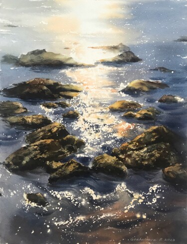 Painting titled "Sea in the sun" by Eugenia Gorbacheva, Original Artwork, Watercolor