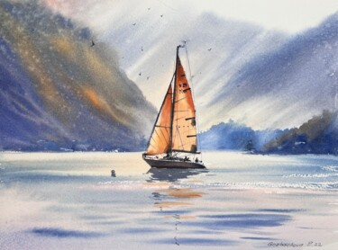 Painting titled "Yacht in the sea #4" by Eugenia Gorbacheva, Original Artwork, Watercolor