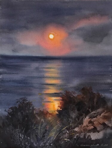 Painting titled "Moon" by Eugenia Gorbacheva, Original Artwork, Watercolor