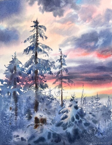 Painting titled "Winter Forest Sunse…" by Eugenia Gorbacheva, Original Artwork, Watercolor