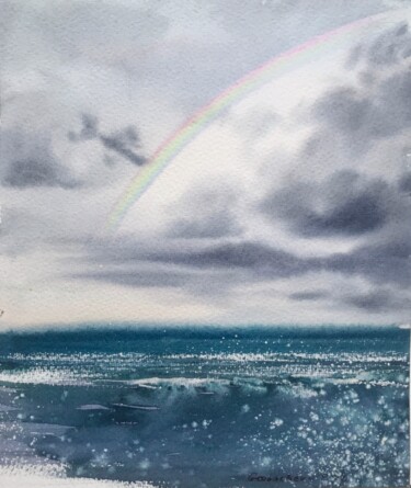 Painting titled "Rainbow over the sea" by Eugenia Gorbacheva, Original Artwork, Watercolor