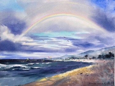 Painting titled "Rainbow over the se…" by Eugenia Gorbacheva, Original Artwork, Watercolor