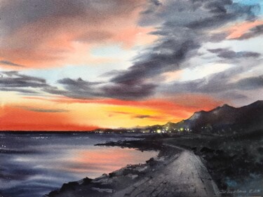 Painting titled "Sea coast of Cyprus…" by Eugenia Gorbacheva, Original Artwork, Watercolor