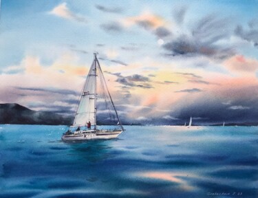 Painting titled "Yacht in the sea at…" by Eugenia Gorbacheva, Original Artwork, Watercolor