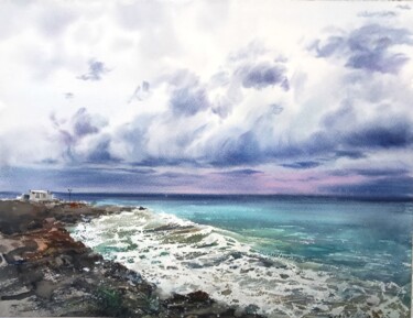 Painting titled "Sea coast of Cyprus…" by Eugenia Gorbacheva, Original Artwork, Watercolor