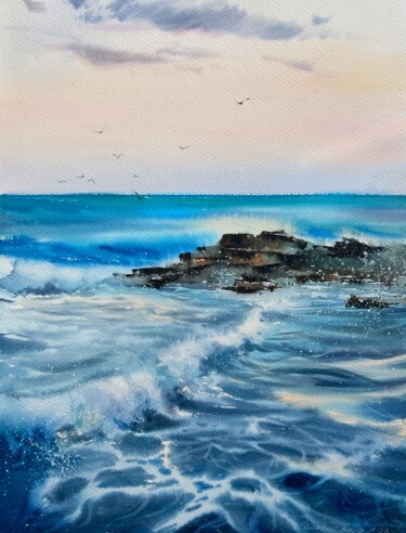 Painting titled "Sea ​​and stones #3" by Eugenia Gorbacheva, Original Artwork, Watercolor