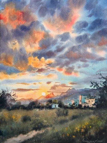Painting titled "Orange sunrise in C…" by Eugenia Gorbacheva, Original Artwork, Watercolor