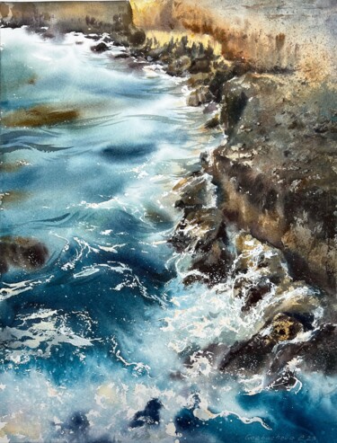 Painting titled "Waves and rocks #16" by Eugenia Gorbacheva, Original Artwork, Watercolor