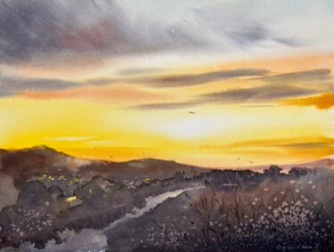 Painting titled "Orange sunset #10" by Eugenia Gorbacheva, Original Artwork, Watercolor