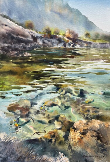 Painting titled "Mountain river #37" by Eugenia Gorbacheva, Original Artwork, Watercolor