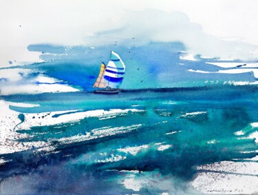 Painting titled "Yacht in the sea #5" by Eugenia Gorbacheva, Original Artwork, Watercolor