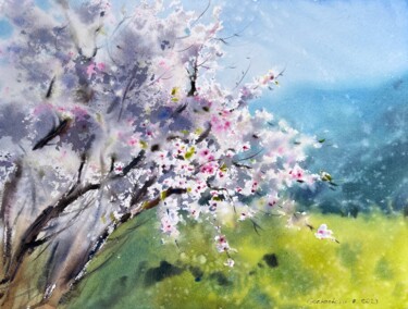Schilderij getiteld "Blooming almond tree" door Eugenia Gorbacheva, Origineel Kunstwerk, Aquarel