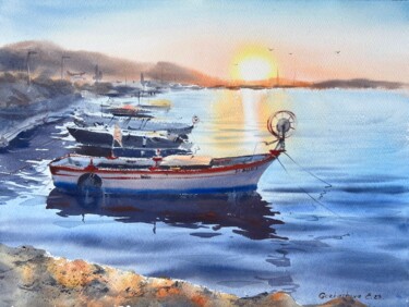 Картина под названием "Boats on the pier S…" - Eugenia Gorbacheva, Подлинное произведение искусства, Акварель