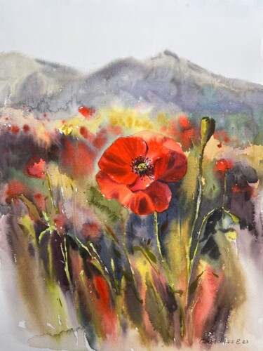 Painting titled "Poppy #2" by Eugenia Gorbacheva, Original Artwork, Watercolor