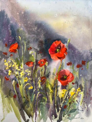 Картина под названием "Poppies #3" - Eugenia Gorbacheva, Подлинное произведение искусства, Акварель