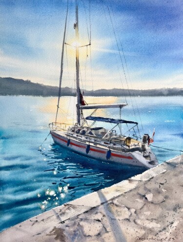 Painting titled "Yacht at anchor at…" by Eugenia Gorbacheva, Original Artwork, Watercolor