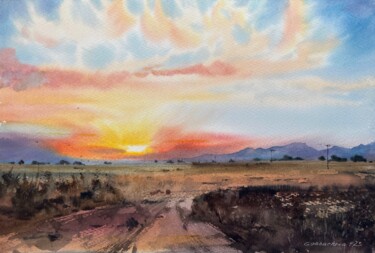 Картина под названием "Orange sunset #12" - Eugenia Gorbacheva, Подлинное произведение искусства, Акварель