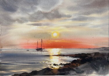 Painting titled "Sunset on the sea Y…" by Eugenia Gorbacheva, Original Artwork, Watercolor