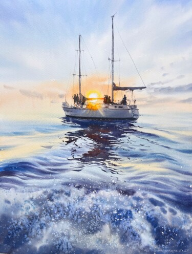 Painting titled "Yacht at sea at sun…" by Eugenia Gorbacheva, Original Artwork, Watercolor