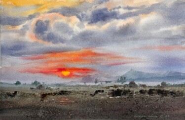 Painting titled "Orange sunset #15" by Eugenia Gorbacheva, Original Artwork, Watercolor